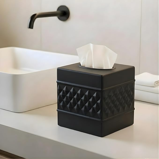 Monarch Abode Tissue Box Cover Square – Handcrafted Geo Embossed Black Metal Tissue Holder Box for Bathroom Accessory, Aesthetic Decorative Facial Napkin Cube for Modern Home Decor