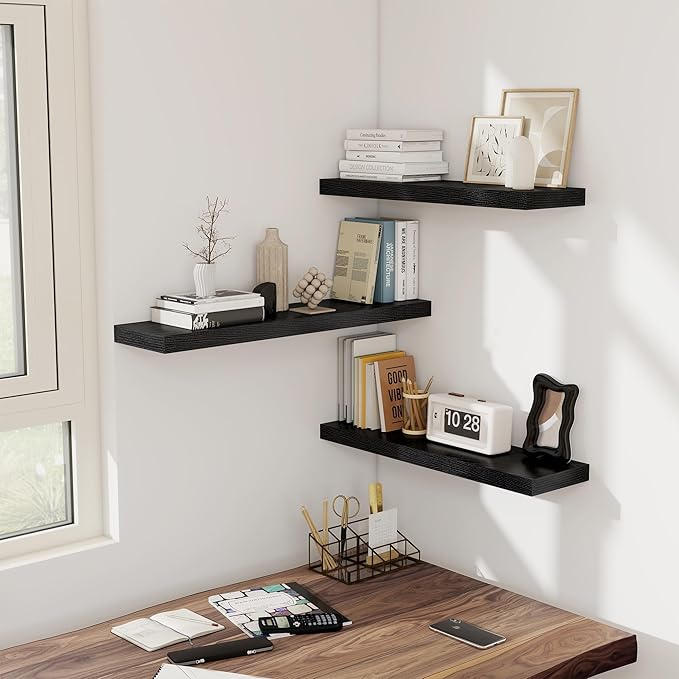 Fun Memories Floating Shelves - 2 Pack 30 Inch Long Rustic Wooden Wall Shelves - 8 Inch Deep Wall Mounted Storage Shelf with Invisible Heavy-Duty Brackets for Books, Bathroom, Kitchen - Black