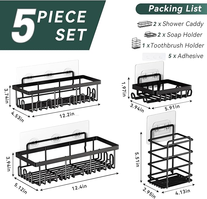 5-Pack Adhesive Shower Caddy, Rustproof Stainless Steel Organizer for Bathroom Storage with Large Capacity, No Drilling Bathroom Caddy with Soap Toothbrush Holder for Kitchen Home Black