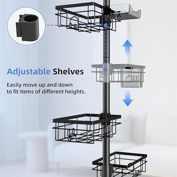 GearFusion Shower Caddy Organizer Tension Pole, Rustproof 4 Tier Corner Shower Rack with 25–114 Inch Adjustable Height for Bathroom Storage, Extra Towel Rack, Soap Dish and Toothbrush Holder, Black
