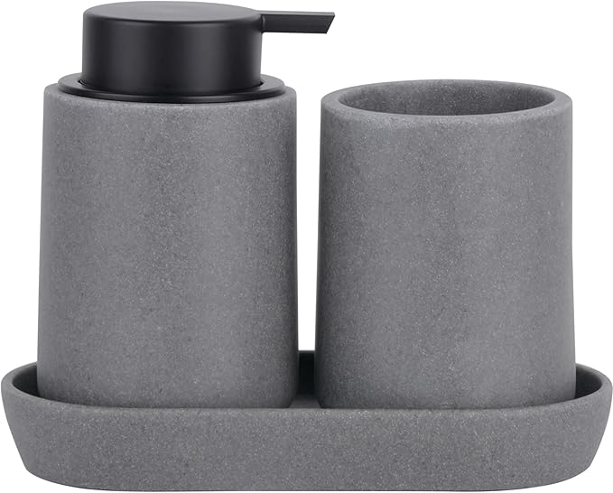 Grey Bathroom Accessories Set, 3 Pcs Resin Bathroom Accessories Complete Set, Sandstone Look Soap Dispenser with Large Pump, Toothbrush Cup, Soap Dish for Modern Home Decor and Kitchen