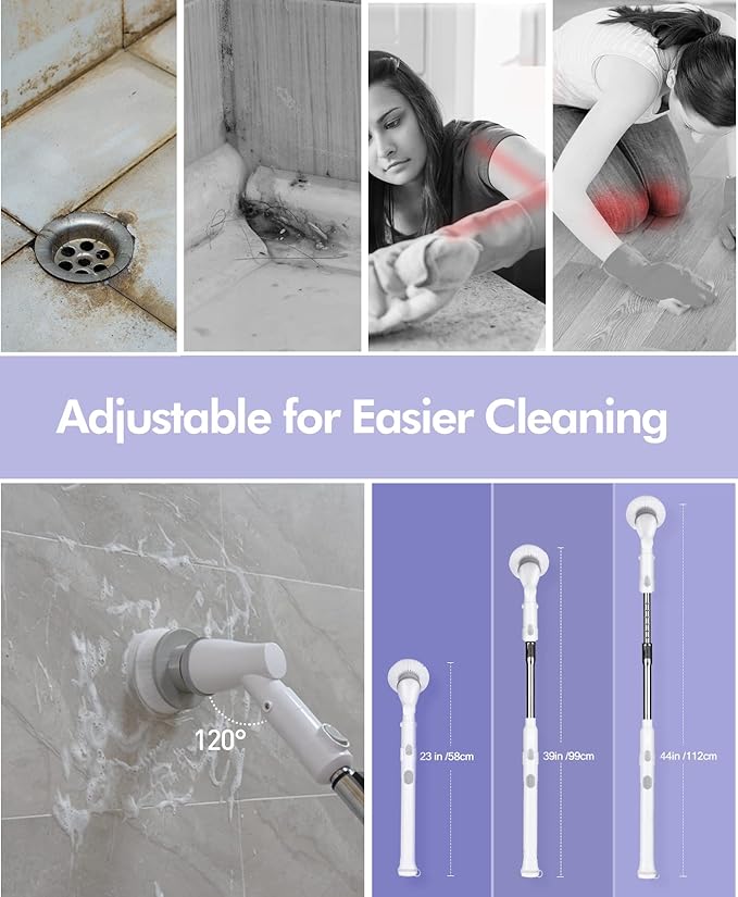 Electric Spin Scrubber, Power Shower Scrubber for Cleaning with 60mins Long Worktime, 44in Adjustable 3 Replaceable Brush Heads, Tile, Floor, Bathtub