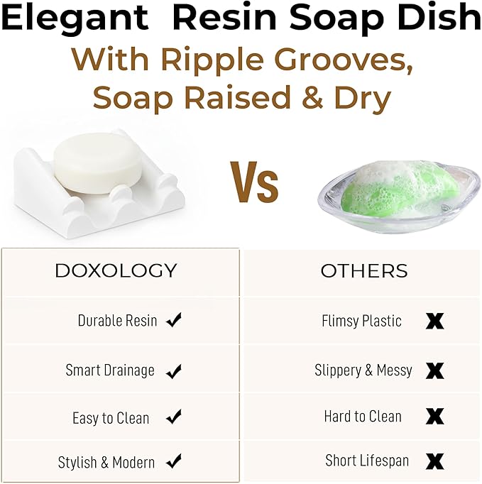 DOXOLOGY White Marble Soap Dish Bathroom Organizer - Resin Soap Dish with Rectangular Design 3.7" L x 2.8" W - Self Draining Soap Dishes Keeps Countertop Neat - Marble Look Soap Tray for Sink
