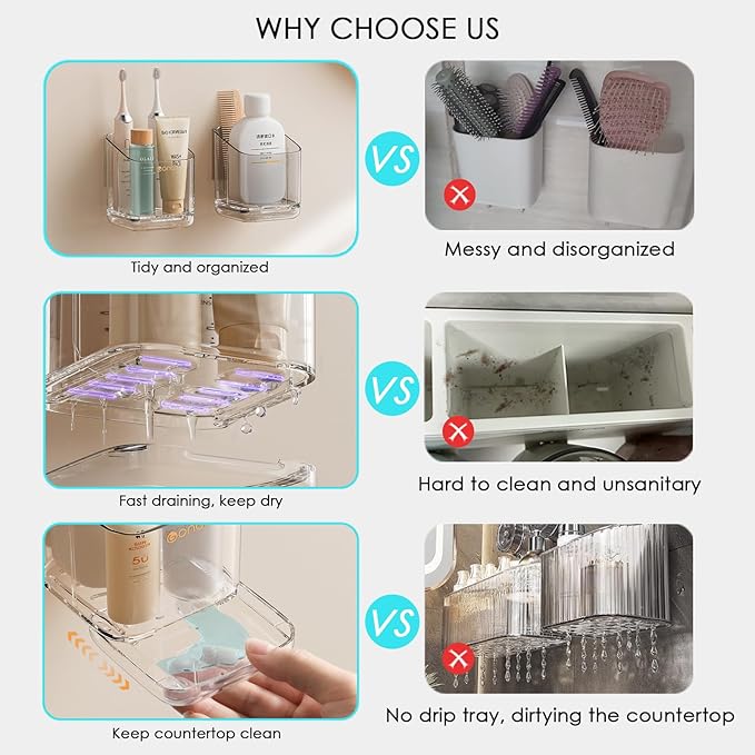 Toothbrush Holders for Bathroom - Detachable Divided Design, Drawer Drainage Tray, Adhesive Wall-Mounted/Countertop Dual-Use, Large Capacity Organizer for Bathroom/Kitchen/Office, Easy Install (Grey)