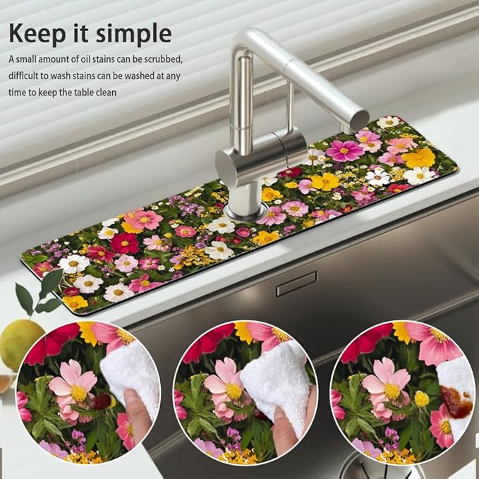 Bimkole 1 PCS Faucet Absorbent Mat, Kitchen Faucet Sink Splash Guard Wraparound Cloth Pads Drip Catcher for Sink Faucet for Kitchen Bathroom Faucet, Colorful Faucet Mat, 15 x 4 Inch Flower A8