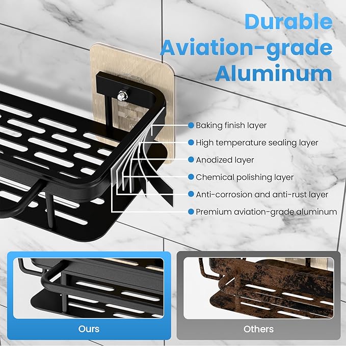 Flat Panel Design Shower Caddy,Anti-Tip & Anti-Fall Bathroom Organizers and Storage,2-Pack Rust-Resistant Aluminum Shower shelves with 2 Towel Bars & 4 Hooks,Spacious Bathroom Accessories Set