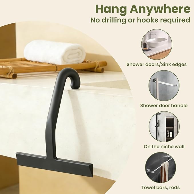 Shower Squeegee for Glass Doors - Ergonomic Round Grip, All-in-One Silicene Design with Built-in Hook Design for Easy Hanging, Efficient for Bathroom, Tile Wall, Car