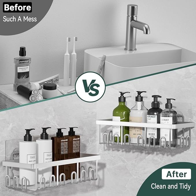 5-Pack Adhesive Shower Caddy, Rustproof Stainless Steel Organizer for Bathroom Storage with Large Capacity, No Drilling Bathroom Caddy with Soap Toothbrush Holder for Kitchen Home White