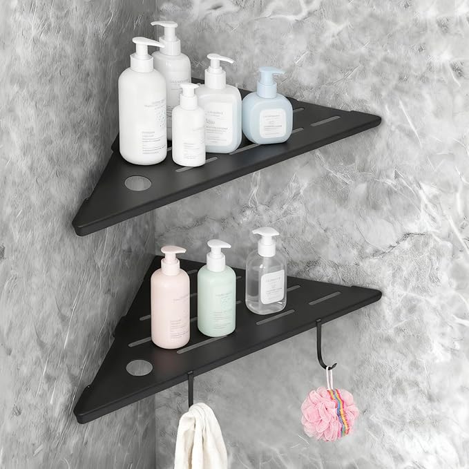 10" Corner Shower Shelves,Shower Corner Shelves Organizer Shelf for Tiled Wall 2 Packaging,SUS304 Stainless Steel Slot Design Tile Shower Shelves with 2 Hooks Matte Black