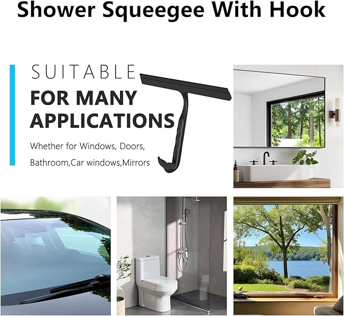 Shower Squeegee for Glass Doors, 2-in-1 Silicone Shower Squeegee with Hook,Hang Anywhere | Streak-Free Bathroom Squeegee | Household Window Mirror Squeegee for Bathroom, Glass, Tile Wall, Car(Black)