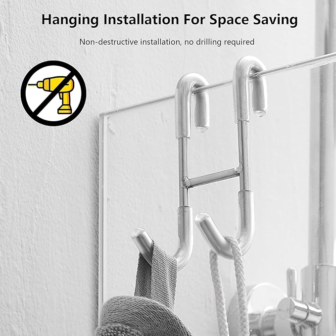 Shower Door Hooks (2-Pack), 304 Stainless Steel Towel Hooks Over Door Hooks for Bathroom, Drilling-Free Hanger Silver Shower Hooks