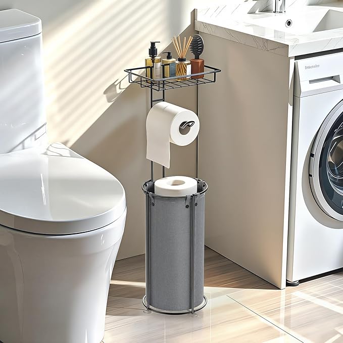 Lewondr Free Standing Toilet Paper Holder, Toilet Paper Holder with Shelf, Bathroom Tissue Roll Storage Rack with Storage Bag for 3 Rolls of Tissue, Gray