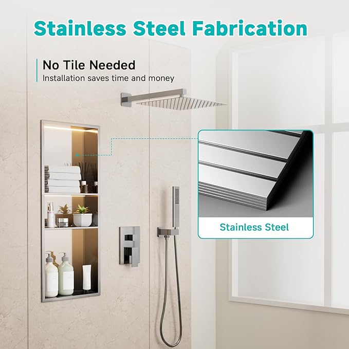 Stainless Steel LED Lights Shower Niche 12" x 30" – Recessed Wall Niche with 3-Tier Storage, Waterproof & Rustproof Modern Bathroom Shower Shelf (Brushed)