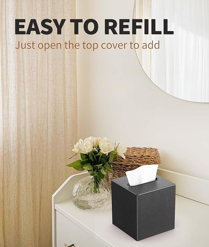 Livelab Metal Tissue Box Cover, Square Tissue Box Holder Modern Decor Facial Napkin Holder Tissue Box Dispenser for Bathroom Vanity Countertop, Living Room, Bedroom, Office | Dark Pebble Grain