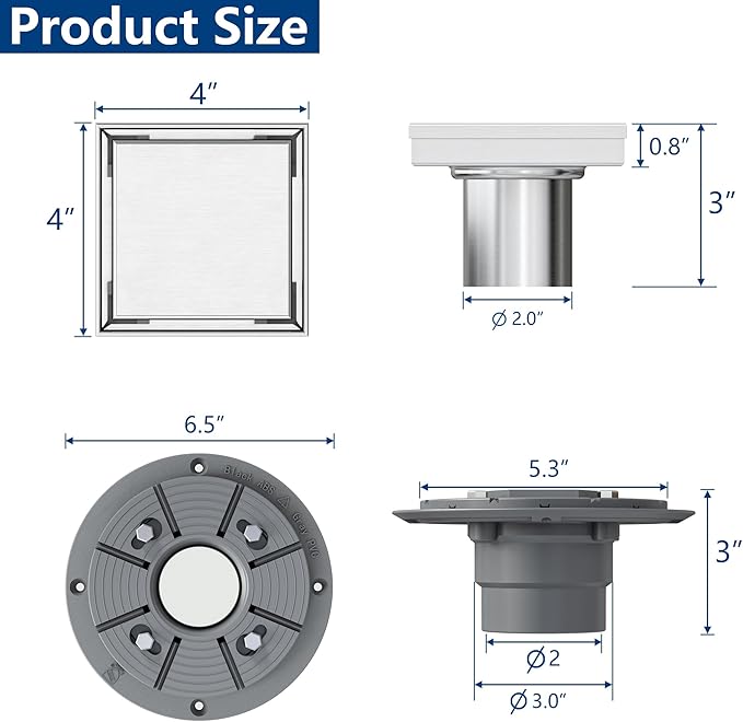 Neodrain 4-Inch Square Shower Drain with Tile Insert Grate, Professional Brushed 304 Stainless Steel Rectangle Shower Floor Drain Manufacturer, Floor Shower Drain with Shower Drain Base