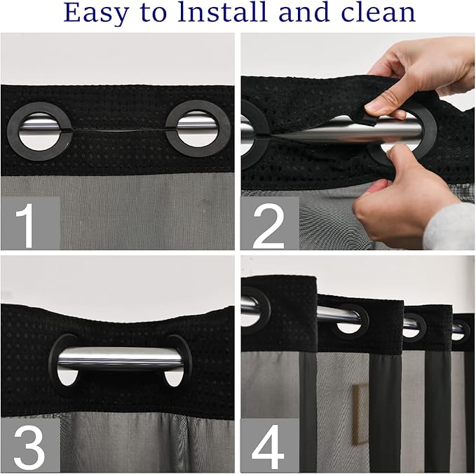No Hooks Required Waffle Weave Shower Curtain with Snap in Liner-Hotel Grade Waterproof & Mesh Top Window Spa Like Bath Curtain Machine Washable Heavy Duty 71Wx74L(Black)