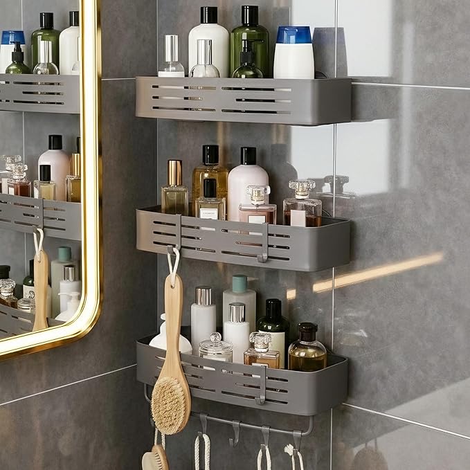 3-Tier No-Drill Storage Caddy with Hooks&Towel Bar,Organizing Solution for Bathroom,Shower&Kitchen,Holds Shampoos,Soaps,Sponges&Cleaners,Rectangle