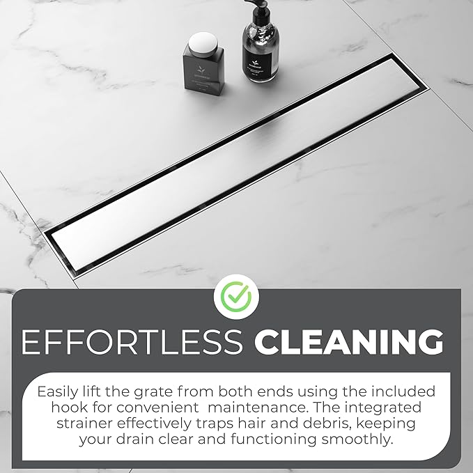 24 Inch Rectangular Linear Shower Drain Set with Reversible Flat & Tile Insert Cover, 304 Stainless Steel Bathroom Floor Drain with Hair Catcher, Shower Floor Drain Includes Adjustable Leveling Feet