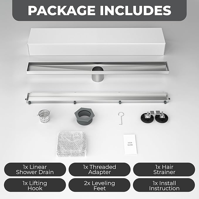 36 Inch Rectangular Linear Shower Drain Set with Reversible Flat & Tile Insert Cover, 304 Stainless Steel Bathroom Floor Drain with Hair Catcher, Shower Floor Drain Includes Adjustable Leveling Feet
