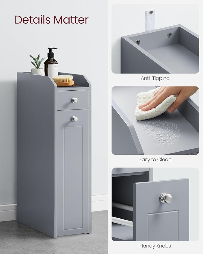 VASAGLE Slim Storage Cabinet, Narrow Storage Organizer with Slide Out Drawers, Freestanding Toilet Paper Holder, Small Space Skinny Cabinet for Bathroom Kitchen Corner, Dove Gray UBBC847G02