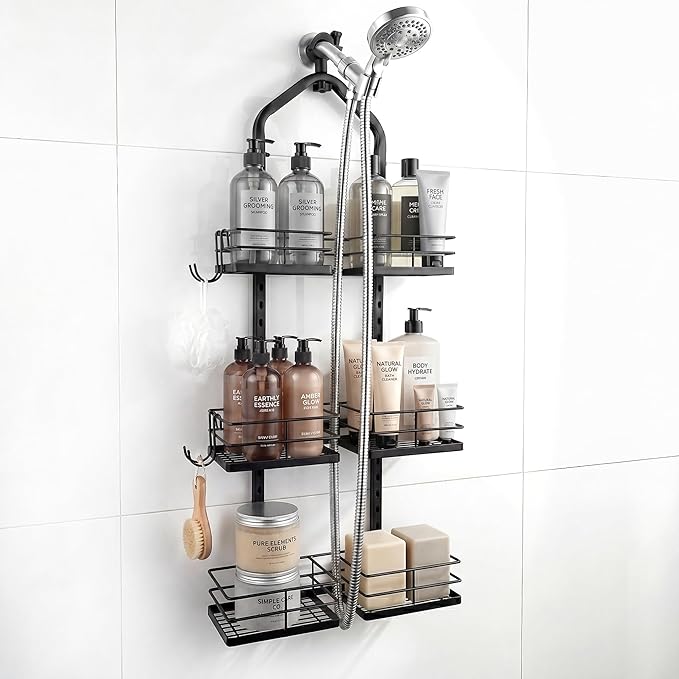 Aluminum Alloy Hanging Shower Caddy for Handheld Shower Heads, 3-Tier Adjustable Shower Rack, Rustproof Hose Hanging Shower Organizer with 2 S-Hooks, Matte Black