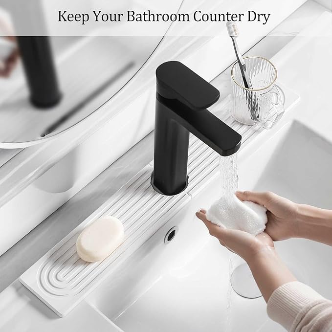Stone Faucet Mat For Kitchen Sink, 23.6" Diatomite Quick Drying Stone Mat For Kitchen Sink, Stone Sink Splash Guard for Bathroom Counter (White)