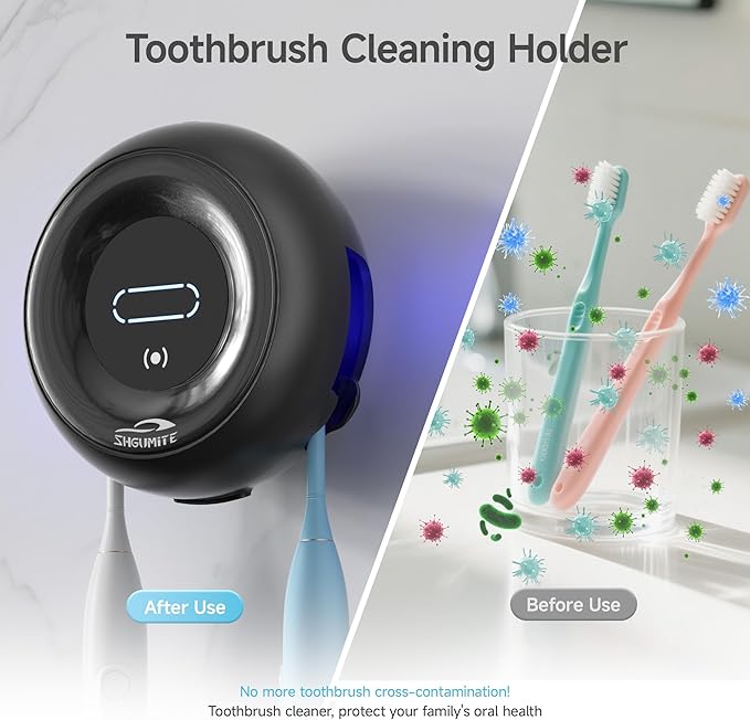 Toothbrush Holder Sanitizer - Cleaning & Drying, Rechargeable Wall-Mounted Toothbrush Organizer with Touch Control, Two-Slot Design for Bathroom (Black)