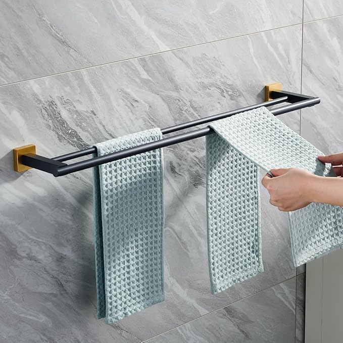 Miyili Double Towel Bar 30-Inch Stainless Steel Bathroom Towel Rack Holder Wall Mount Black & Gold, A02BG75B