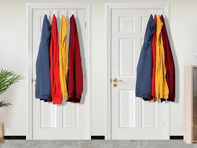 Over The Door Metal Hooks with Plastic Coating 5.5" Fit 0.5" to 1 3/8" Door 2 Pcs Heavy Duty Single Towel Robe Rack Wreath Bathroom Shower Hanger Shoe Organizer Ironing Board Short White