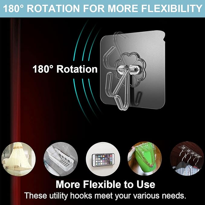 Wall Hooks - 33 lbs Max, Transparent, Seamless, Waterproof & Oilproof, Heavy Duty Adhesive Coat & Towel Hooks (10 Pack)