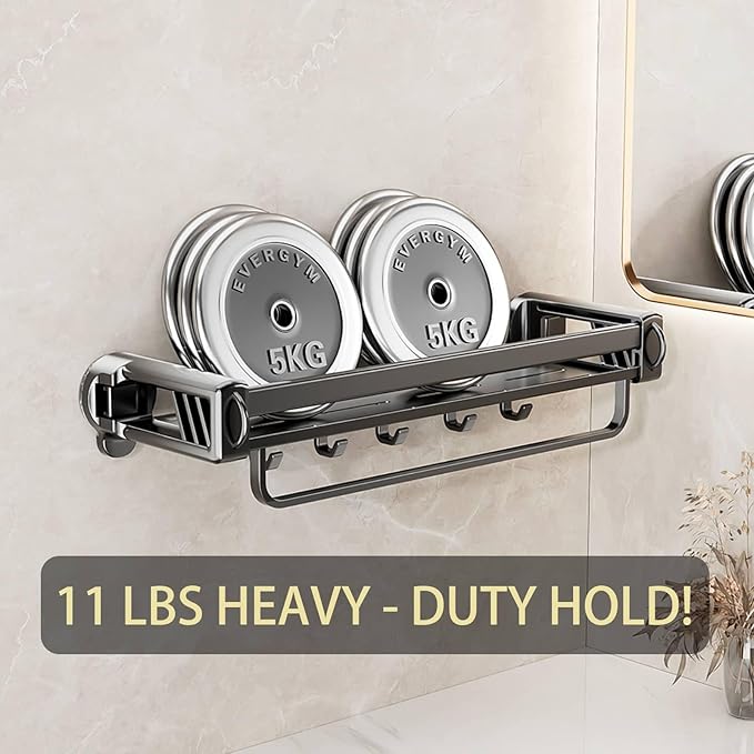 12" Shower Caddy Suction Cup, Concealed Shower Shelves Suction Cup with Hooks & Towel Bar, NO-Drilling Suction Shelf for Bathroom & Kitchen - Gray
