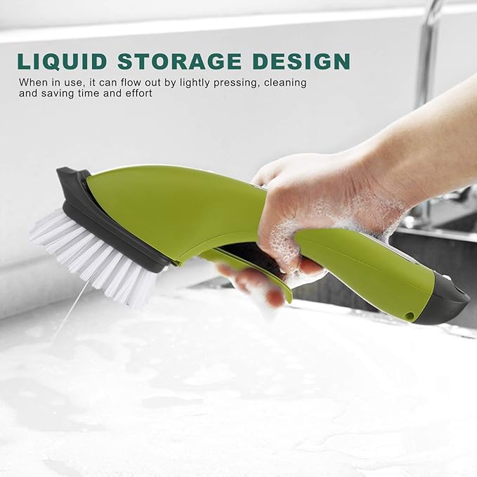 Soap Dispensing Dish Brush, 3-in-1 Heavy Duty Kitchen Scrub Brush with Built-in Soap Dispenser Fillable Reservoir Bathroom Scrubber Grout Cleaning Long Handle for Sink Bathtub