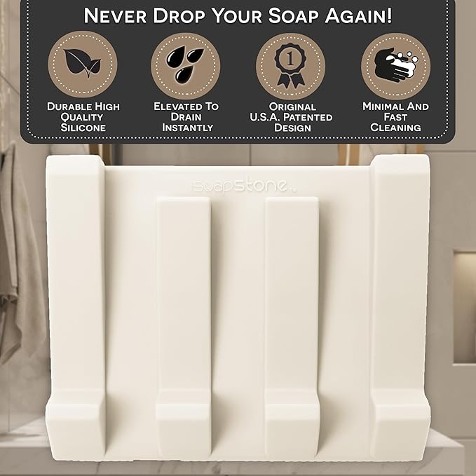 Silicone Soap Dish (USA Patented) Self Draining Bar Soap Holder for Shower Bathroom Sink, Drying Soap Dish Tray Sponge Holder Easy Cleaning Soap Saver Travel Accessories (Beige, 2)