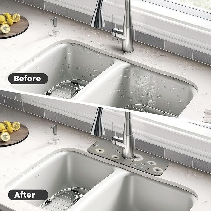Butterfly Dandelion Floral 15" X 5.5" Kitchen Sink Splash Guard, Faucet Guard Draining Mat, Faucet Suction Pad For Kitchen Bathroom