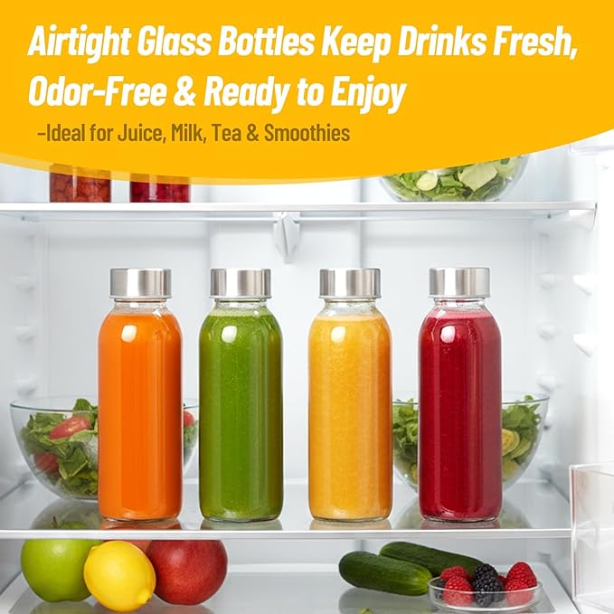 10 oz Clear Glass Bottle with Lid, Reusable Glass Water Bottles with Stainless Steel Cap & Straws for Juicing, Milk, Ginger & Smoothies, Refrigerator, Leak-Proof, Juice Containers Set of 6