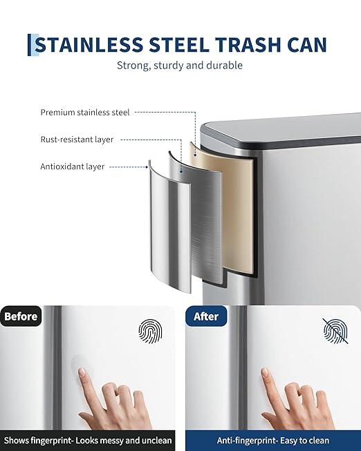 Garvee Space-Saving Bathroom Trash Can, 3.4 Gallon Small Trash Can with Soft-Close Lid, Foot Pedal & Removable Inner Bucket, Rectangular Stainless Steel Garbage Can for Home, Office, Silver
