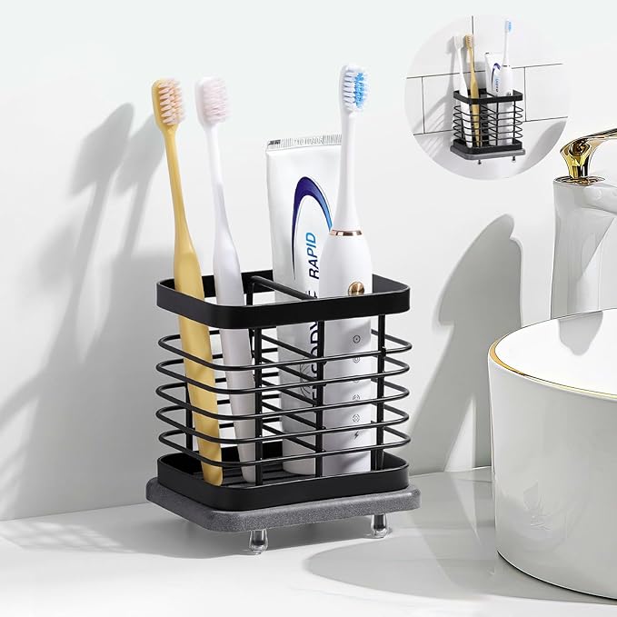 Shinowa Fast-Dry Wall Mounted Toothbrush Holder with Diatomaceous Earth Tray, Stainless Steel Electric Toothbrush & Toothpaste Organizer, No-Drill Adhesive or Countertop Bathroom Holder, 2 Slots