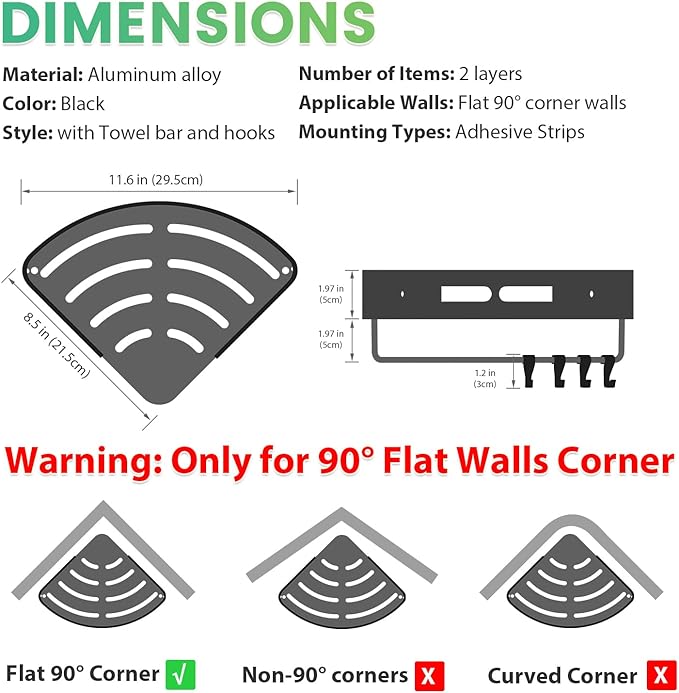 Adhesive Shower Corner Caddy，2-Pack Heavy Duty Shower Corner Shelves Rack with 8 Hooks and 1 Towel Bar，Rustproof Bathroom Organizer No Drilling Wall Mounted