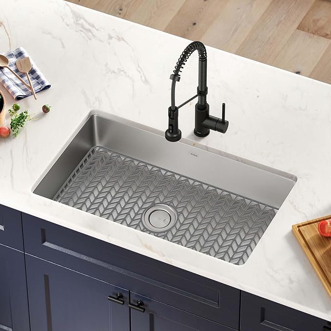GUUKIN Sink Protectors for Kitchen Mat - 29.7“x15.5” Silicone Kitchen Sink Mat Grid for Bottom of Farmhouse Stainless Steel Porcelain with Center Drain（Grey）