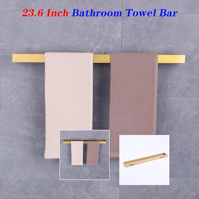 GERZWY 24-Inch Bathroom Towel Bar Stainless Steel Modern Square Style Bath Towel Bar Wall Mount Gold Finished HG1701(60)-BE
