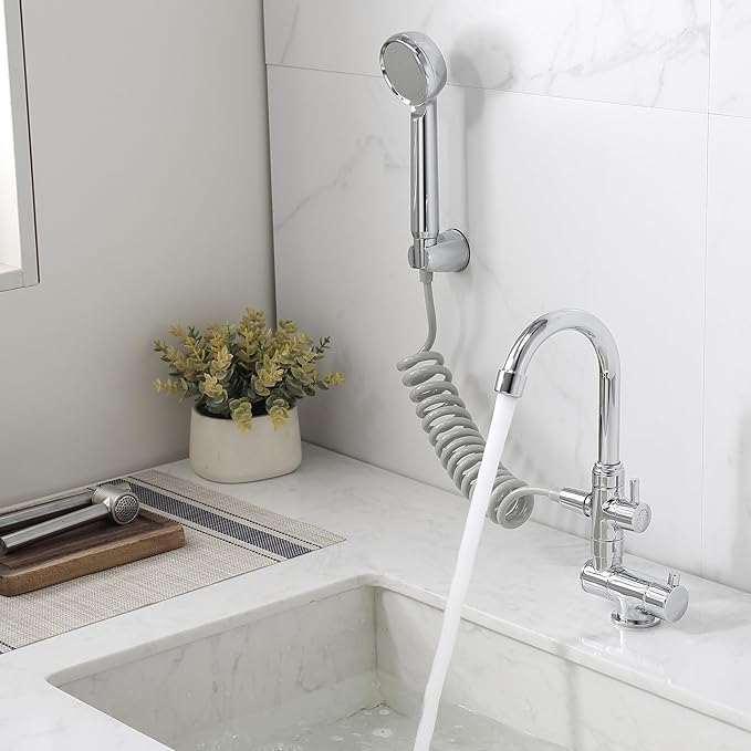 Bropury Foldable Kitchen Faucet,360 Degree Rotation Bathroom Sink Water Taps,Cold and hot Water Faucet with handshower,Faucet for RV Caravan Camper Marine Boat Camping Yacht Bar(Chrome)