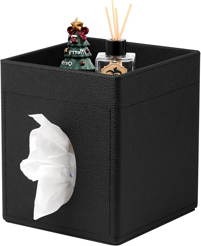 Tissue Box Cover, PU Leather Square Tissue Box Holder with Upper Storage Tray for Bathroom/Countertop/Nightstand/Office Table - Black
