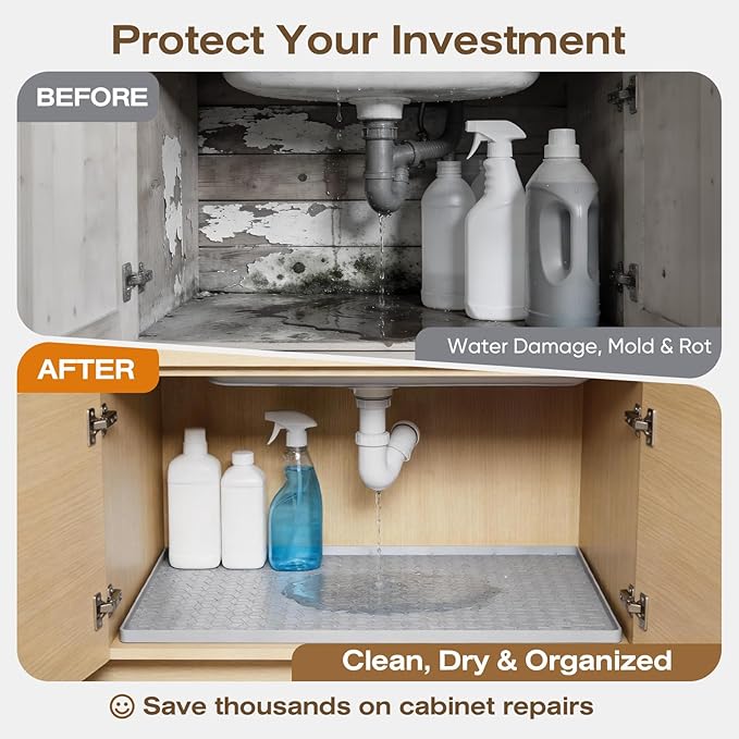 TRZZ Silicone Waterproof Under Sink Mat 22" x 19", Drip Tray and Cabinet Liner for Kitchen and Bathroom, Prevents Water Damage and Organizes Cabinets (Grey)