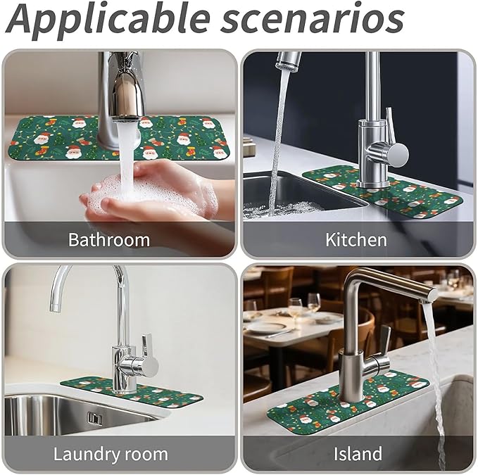 Faucet Draining Mat For Kitchen Sink, Santa Claus Green Diatom Mud Absorbent Drain Pad For Bathroom Kitchen Sink Splash Guard Drying Mat