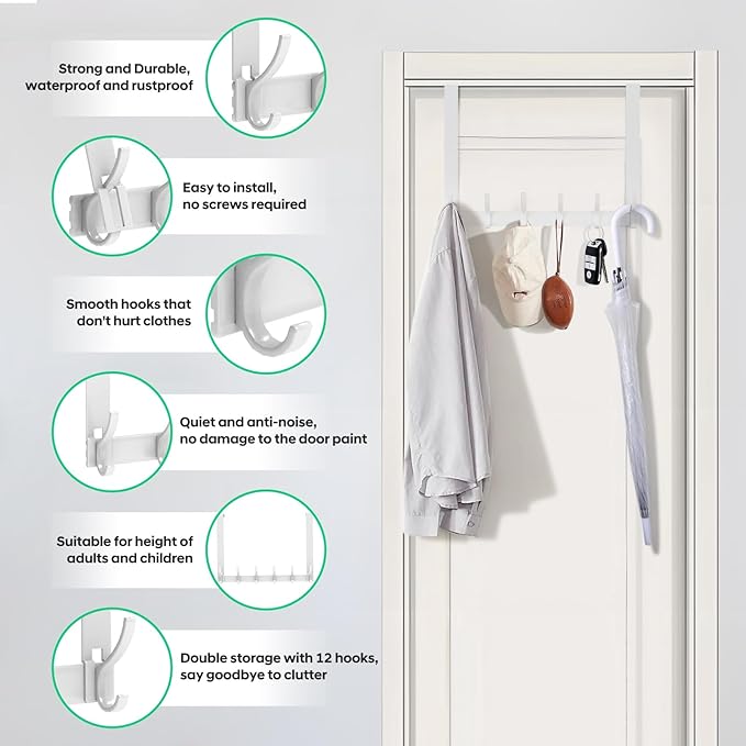 Over The Door Hooks - NO NAIL over door hanger holder,NO ASSEMBLY REQUIRED large over the door towel rack with 12 hooks, heavy duty hooks for bathroom,bedroom,kitchen,hanging towels,coats (White)