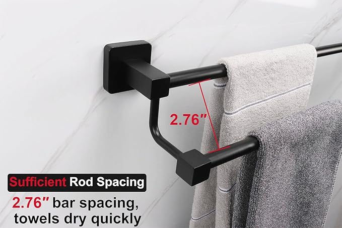 TocTen Double Bath Towel Bar - Thicken SUS304 Stainless Steel Towel Rack for Bathroom, Bathroom Accessories Double Towel Rod Heavy Duty Wall Mounted Square Towel Holder (Matte Black,16 INCH)