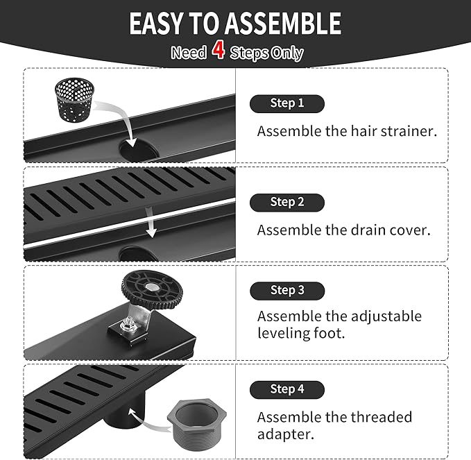 Linear Shower Drain 24 inch, Floor Drain with Removable Pattern Grate, 304 Stainless Steel Rectangular Linear Drain with Hair Strainer, CUPC Certified, Matte Black, SD-104