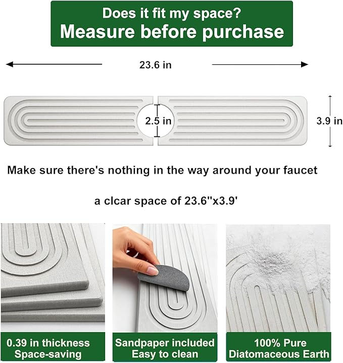 Stone Faucet Mat for Kitchen Sink, Diatomite Drying Stone Mat & Sink Protectors, Sink Water Splash Guard, Quick Dry Water Absorbing Non-Slip Stone Tray Prevent Moisture for Kitchen Bathroom Counter