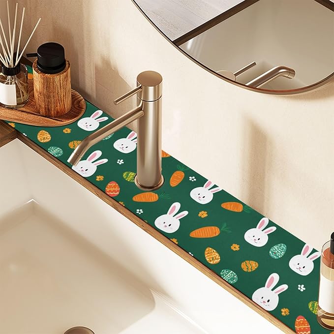 Kitchen Sink Splash Guard 1 PC 14.7 Inch Sink Faucet Mat Splash Guard for Bathroom Countertop Water Absorbent Foldable Cuttable Soft Washable Deep Green Easter Rabbit Eggs Carrots