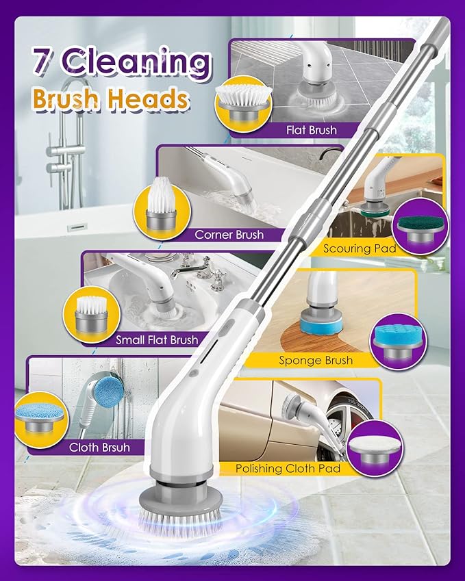 Electric Spin Scrubber, Cordless Shower Spin Scrubber with 7 Replacement Brush Heads & Adjustable Extension Arm, 2H Bathroom Scrubber Dual Speed, Power Spin Scrubber for Bathroom Car Floor Grout Sink